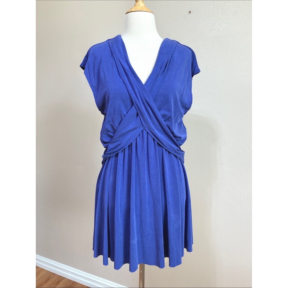 Free People XS Vibrant Cobalt Cupro Crisscross Front Mini Dress Vneck - Picture 3 of 10